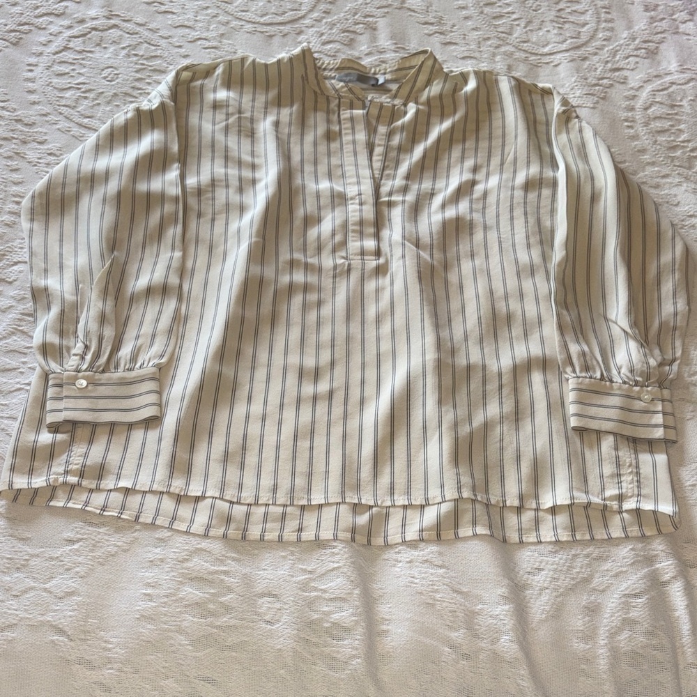 Vince Striped Long Sleeve Womens 100% Silk Blouse Cream & Blue Gently Loved S